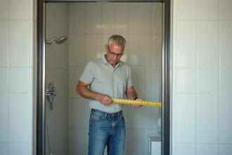 Homme mesurant une douche moderne dans une salle de bain rénovée