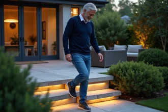 Homme d'âge moyen marchant sur escalier lumineux dans jardin