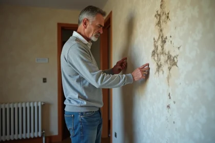 Homme d'âge moyen inspectant un mur moisi dans une maison