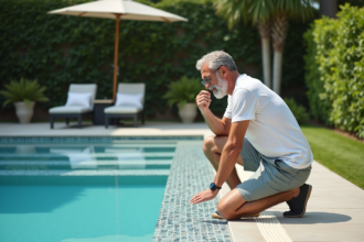 Homme d'âge moyen examine la mosaïque de la piscine