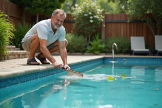 Homme d'âge moyen nettoyant la piscine extérieure en été