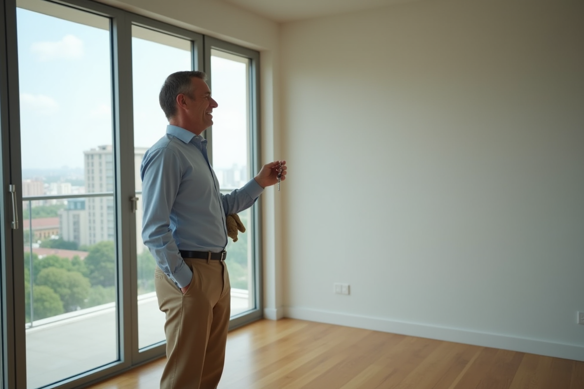 Homme souriant dans un appartement vide avec vue urbaine