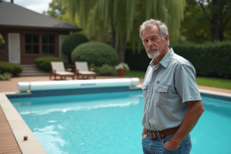 Homme d'âge moyen près d'une piscine résidentielle avec couverture automatique