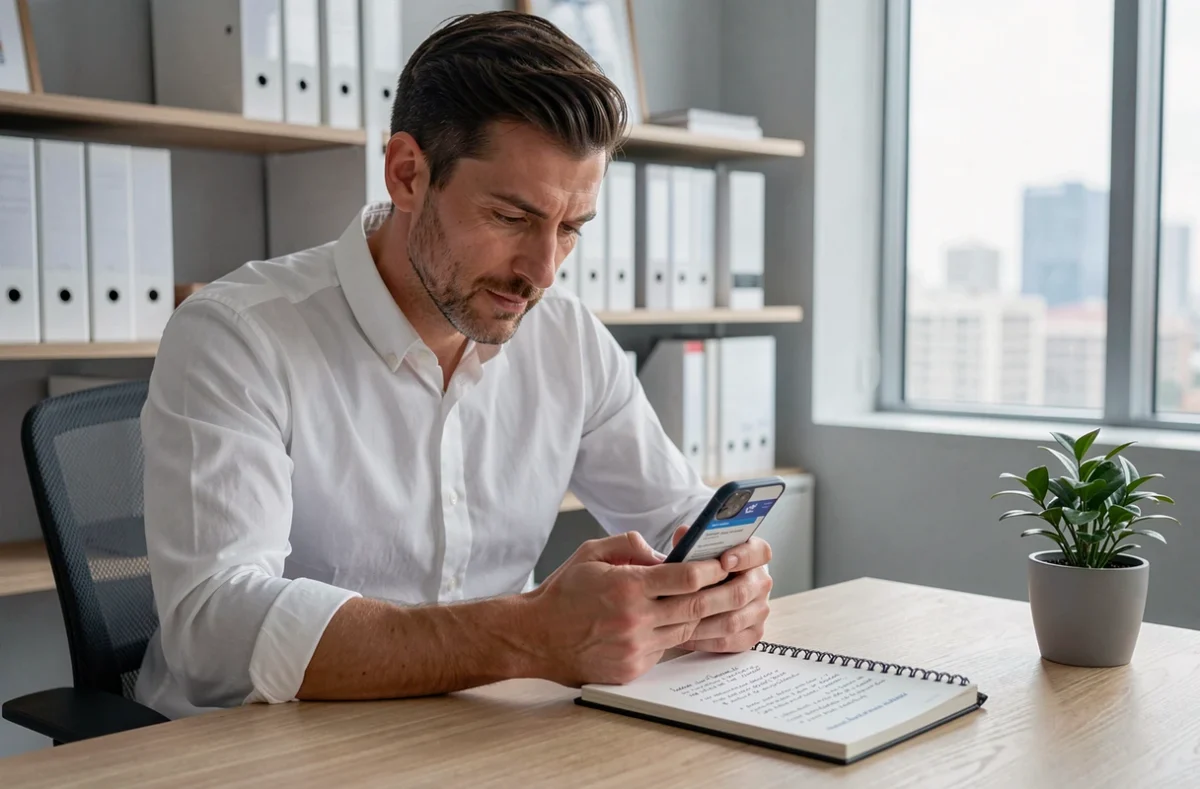 Homme recherchant la meilleure assurance habitation sur son smartphone dans un bureau à domicile
