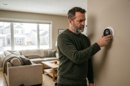 Homme d'âge moyen réglant un thermostat moderne dans un salon chaleureux