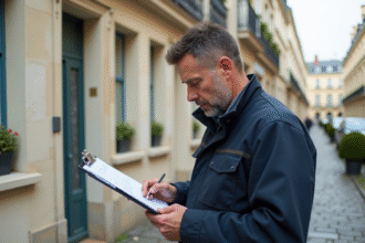 Homme en veste travaillant devant façade rénovée de Paris