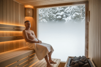 Homme d'âge moyen dans un sauna moderne en bois