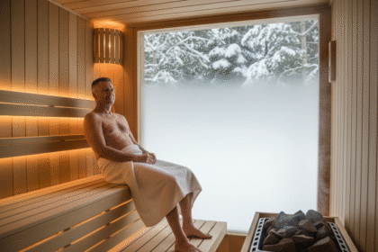 Homme d'âge moyen dans un sauna moderne en bois