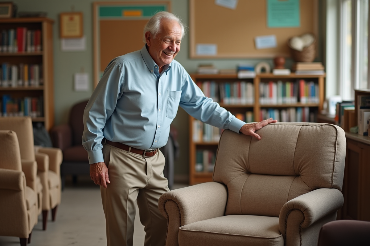Homme âgé souriant inspectant un fauteuil dans un centre communautaire