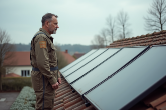 Homme en overalls sur le toit vérifiant des panneaux solaires thermiques