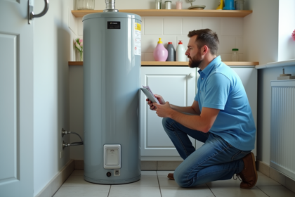 Homme vérifiant le panneau de contrôle d'un chauffe-eau électrique