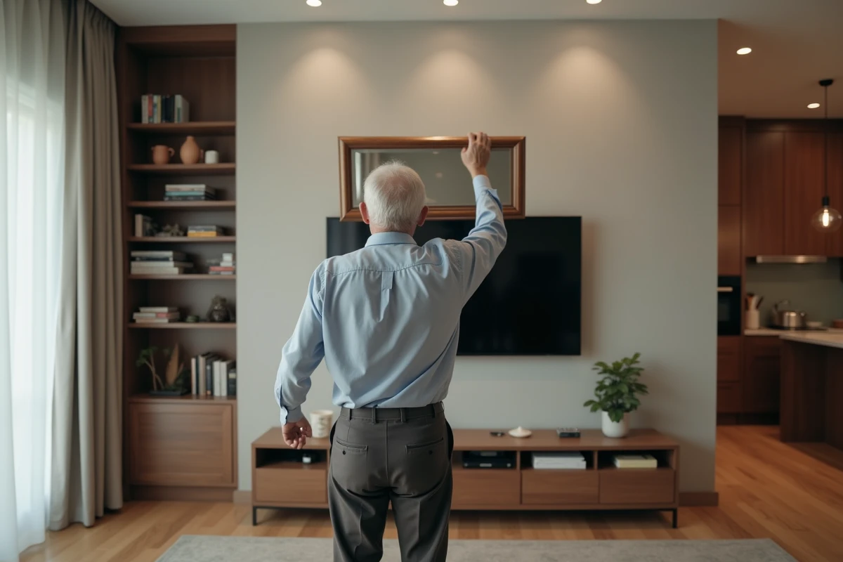 Homme accrochant un miroir face à la télévision dans un salon moderne