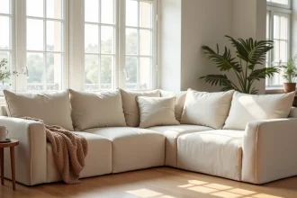 Housse de canapé d'angle en lin beige sur un canapé Conforama dans un salon scandinave lumineux