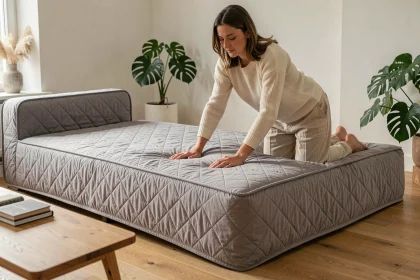 Femme ajustant une housse matelassée grande largeur sur un canapé clic-clac en salon contemporain