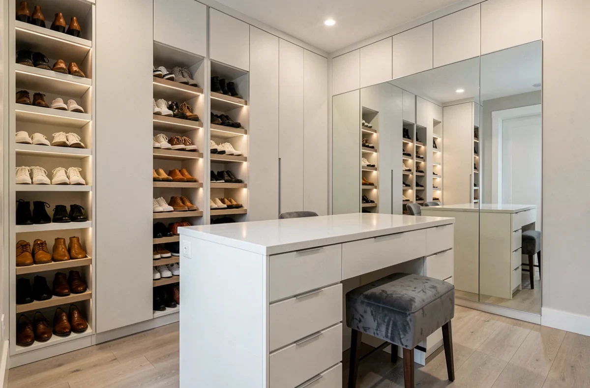 Dressing sur mesure avec rangements en laque blanche, porte-chaussures intégré et îlot central en quartz, projet In Placard Concept Toulouse