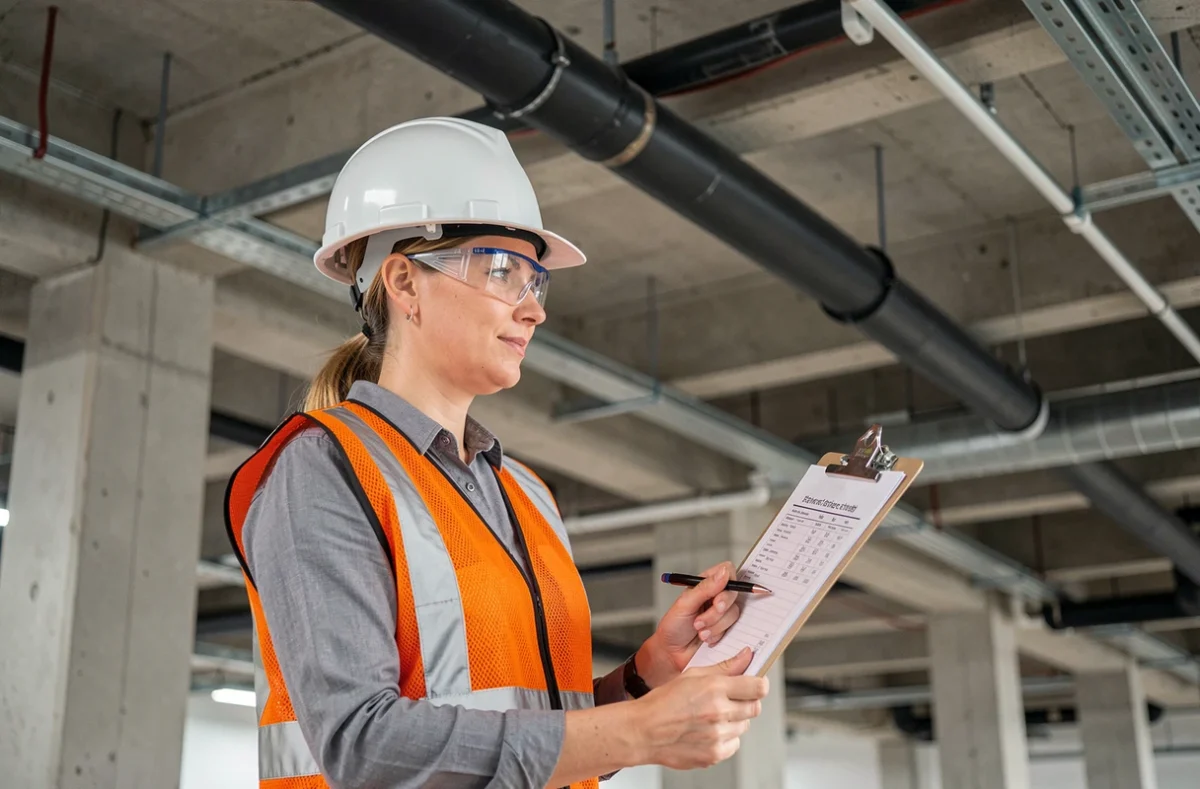 Ingénieure en génie climatique consultant un tableau de dimensionnement de tuyaux en acier sur un chantier de construction commercial
