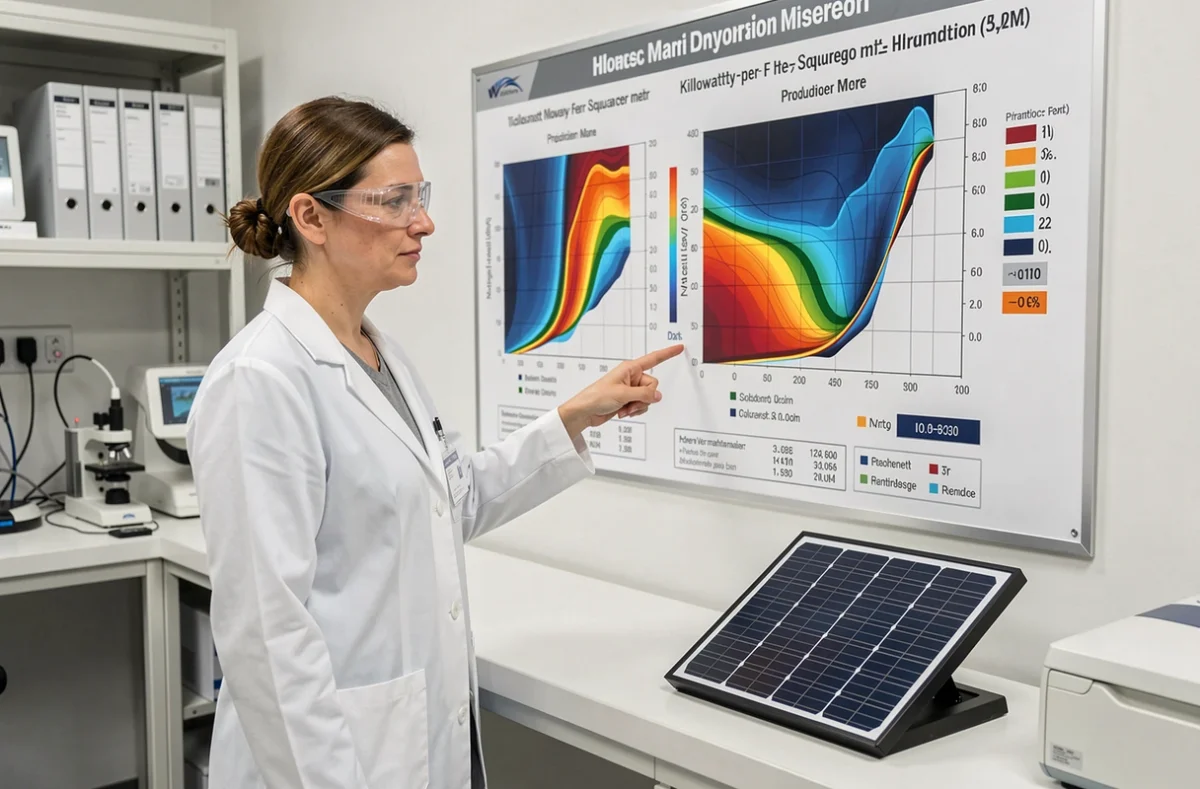 Ingénieure en laboratoire de recherche solaire présentant une carte d'irradiance et des données de production photovoltaïque par mètre carré
