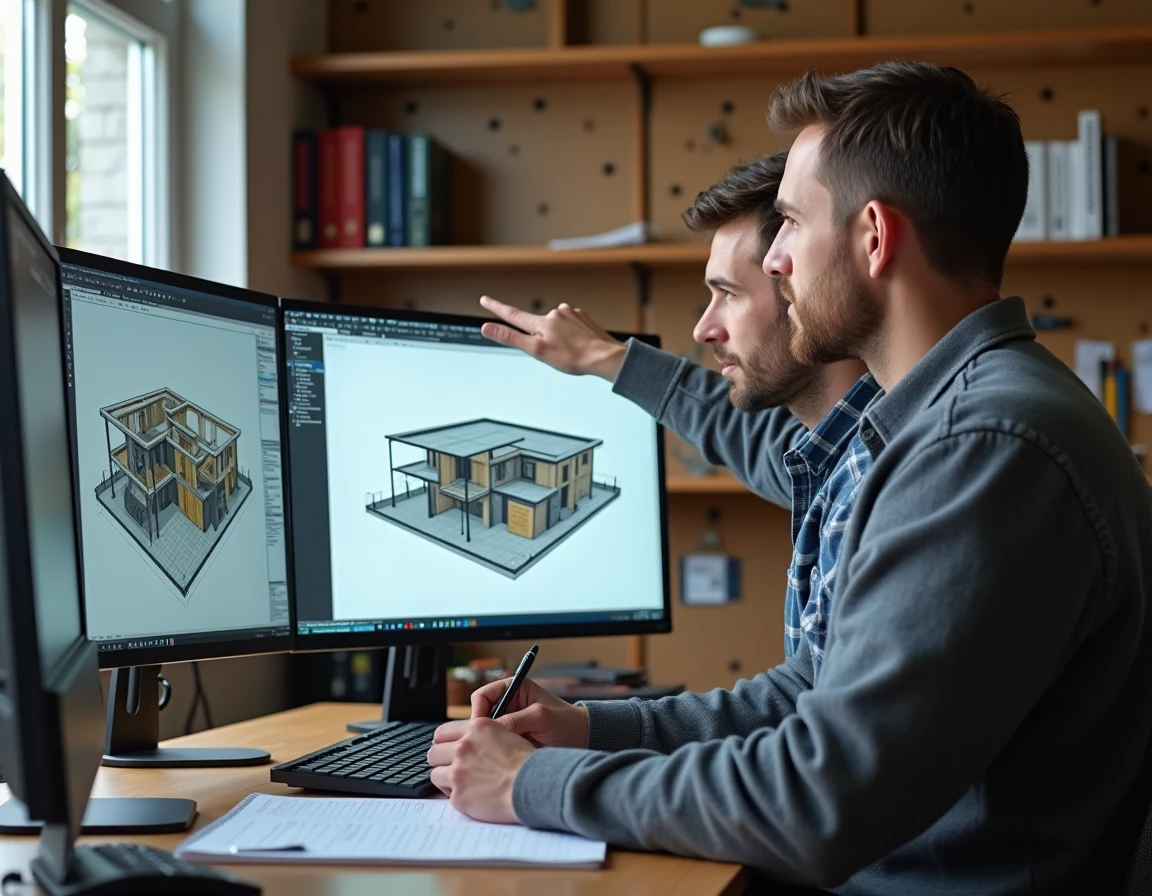 Deux ingénieurs collaborant sur un logiciel de modélisation 3D pour planifier les plans d'un chantier de construction résidentiel