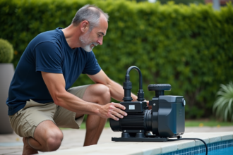 Homme inspectant la pompe de piscine extérieure