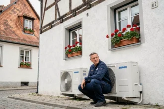 Technicien en climatisation au travail devant une maison alsacienne typique dans le Bas-Rhin