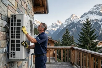 Technicien installant une climatisation en Haute-Savoie avec vue sur les montagnes alpines
