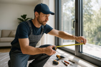 Installateur professionnel mesurant une grande fenêtre moderne dans un salon lumineux