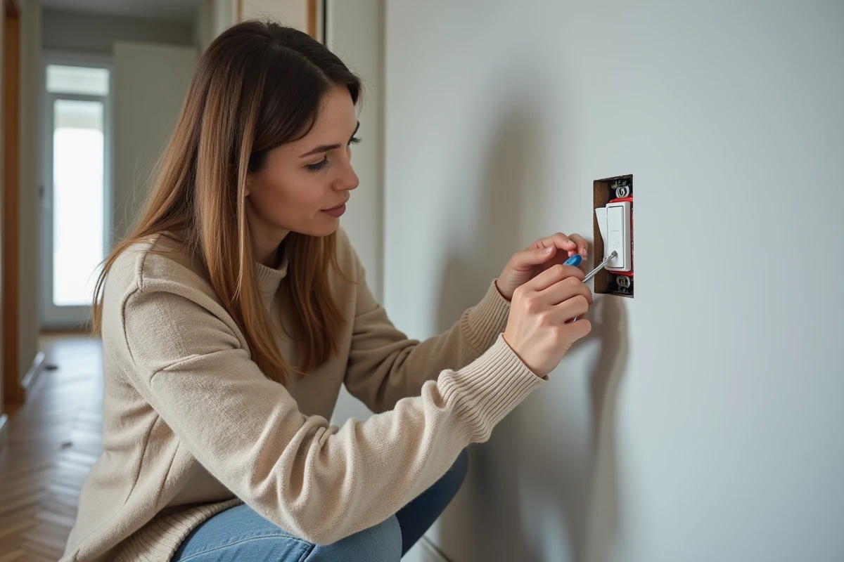 Femme inspectant l'installation d'un interrupteur bouton poussoir encastré dans un couloir en rénovation
