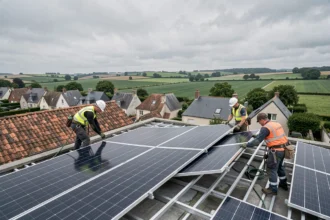 Équipe de techniciens installant des panneaux solaires sur des toits résidentiels en Seine-Maritime avec paysage normand en arrière-plan