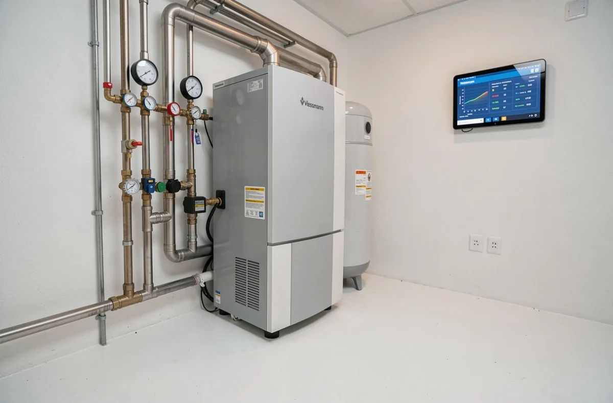 Installation complète d'une pompe à chaleur eau/eau Viessmann dans une chaufferie résidentielle moderne