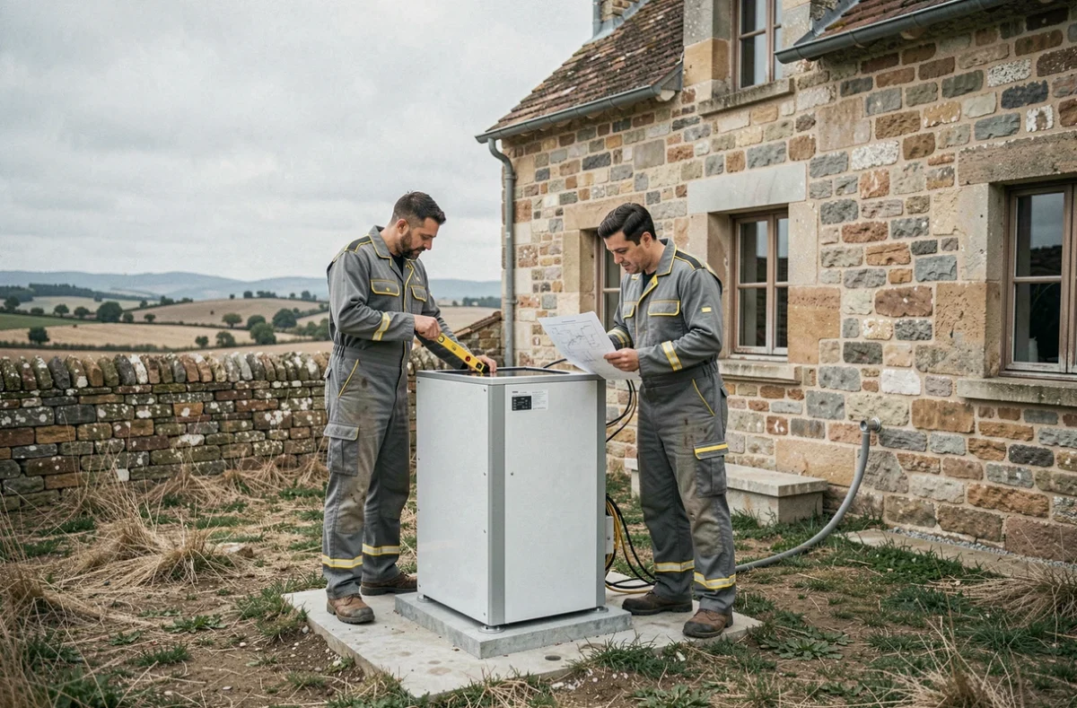 Deux installateurs posant une pompe à chaleur géothermique dans la cour d'une ferme en pierre en France rurale