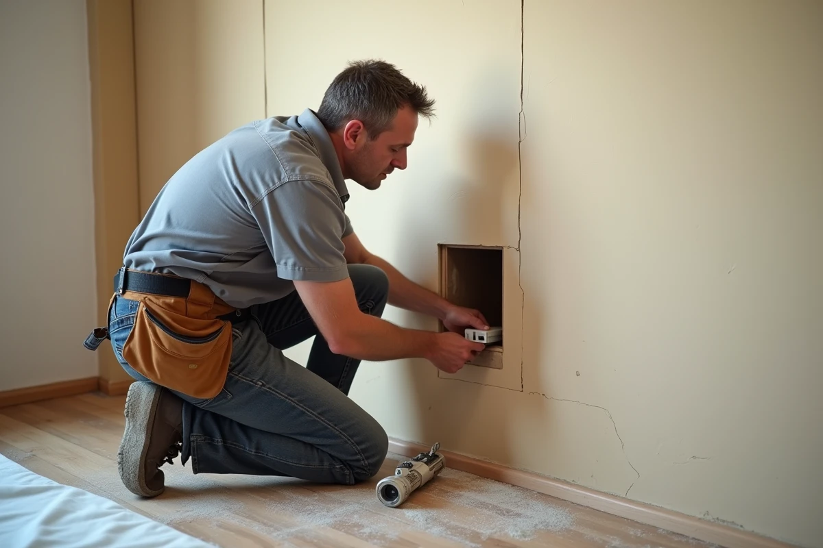 Électricien en train d'installer une prise TV encastrable dans une cloison en placo lors de travaux de rénovation