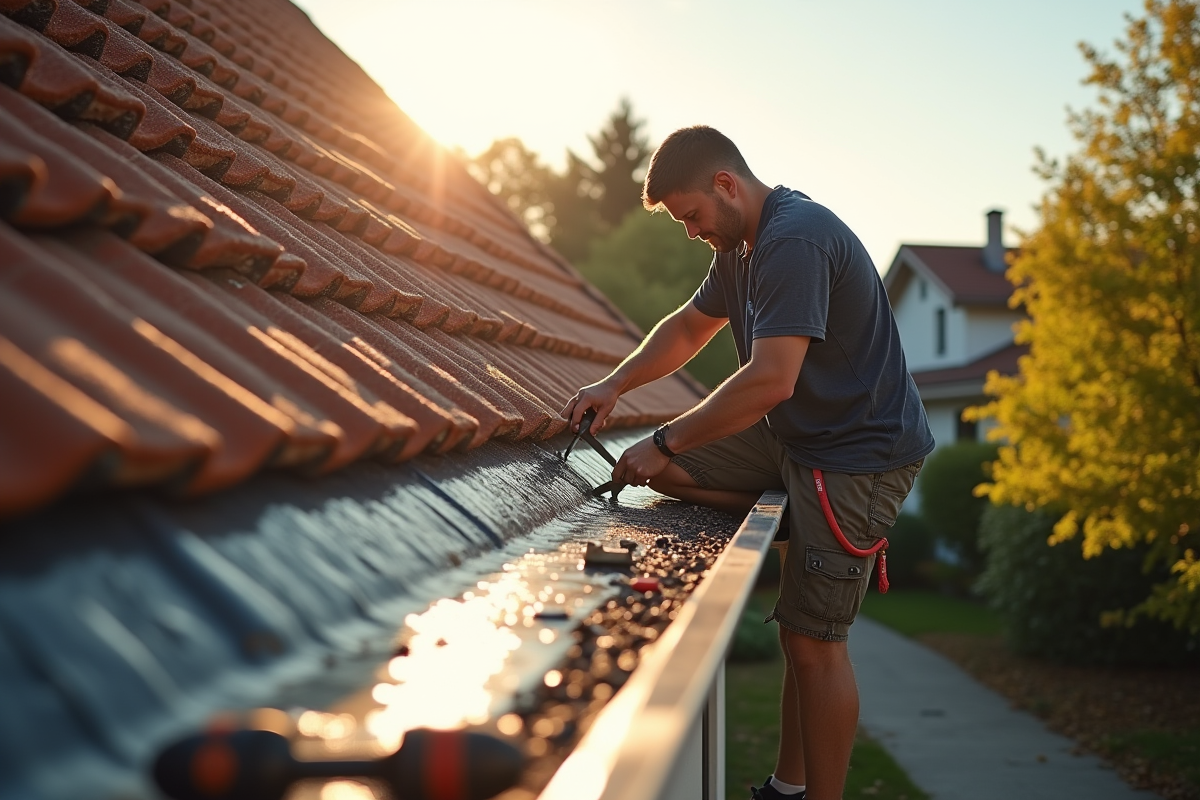 Famille installant un systeme de collecte d eau de pluie sur une maison