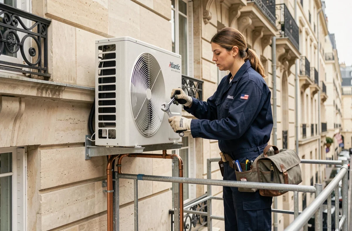 Technicienne installant l'unité extérieure d'une pompe à chaleur Atlantic air-air sur façade d'immeuble