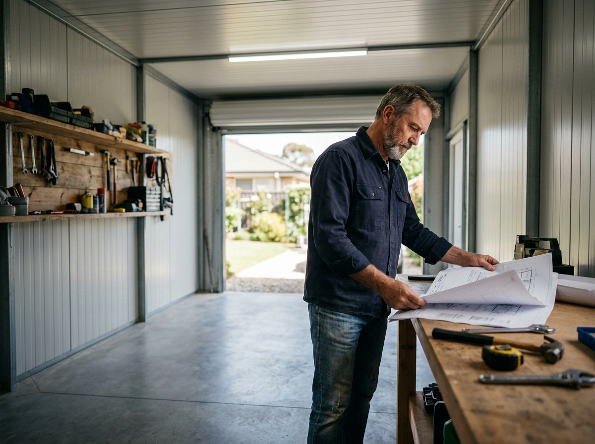Intérieur d'un garage en kit modulaire terminé avec établi et plans d'assemblage
