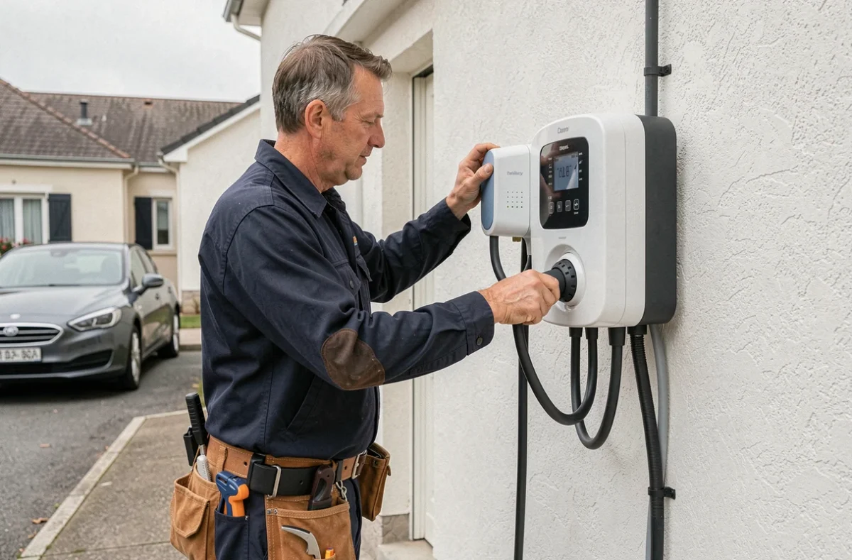Électricien IRVE Habitat installant une borne de recharge pour véhicule électrique sur le mur extérieur d'une maison résidentielle