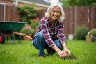 Femme d'âge moyen en jeans de jardinage et chemise à carreaux en train de désherber dans un jardin