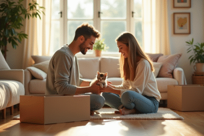 Jeune couple découvrant un chaton dans leur salon lumineux