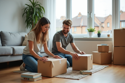 Jeune couple souriant préparant des cartons dans le salon