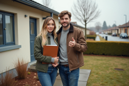 Jeune couple devant une maison neuve en automne