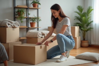 Jeune femme en jeans et tshirt à rayures préparant un déménagement