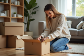 Jeune femme emballant un carton dans un salon moderne