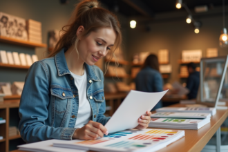 Jeune femme examine un guide Pantone dans une boutique d'art