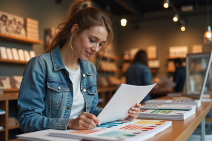 Jeune femme examine un guide Pantone dans une boutique d'art