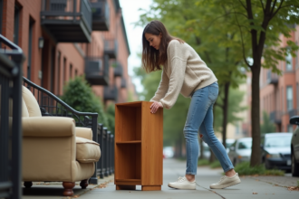 Jeune femme décontractée portant un pull et jeans avec un petit meuble dans la rue