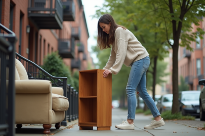 Jeune femme décontractée portant un pull et jeans avec un petit meuble dans la rue