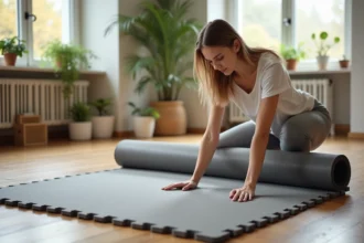 Jeune femme déployant un tapis en mousse dans un salon lumineux