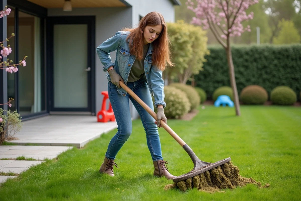 Jeune femme en vêtements de travail ratisse la pelouse