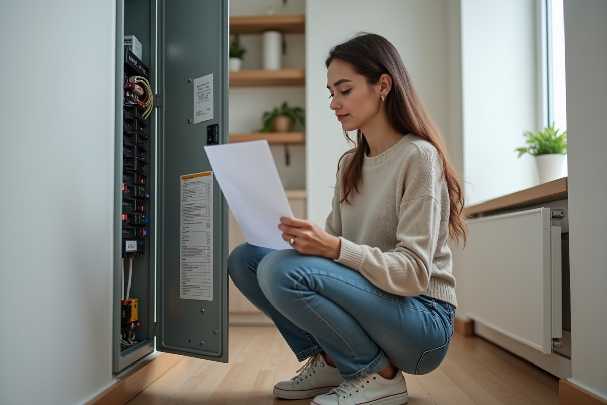Jeune femme contrôlant un tableau électrique dans son appartement