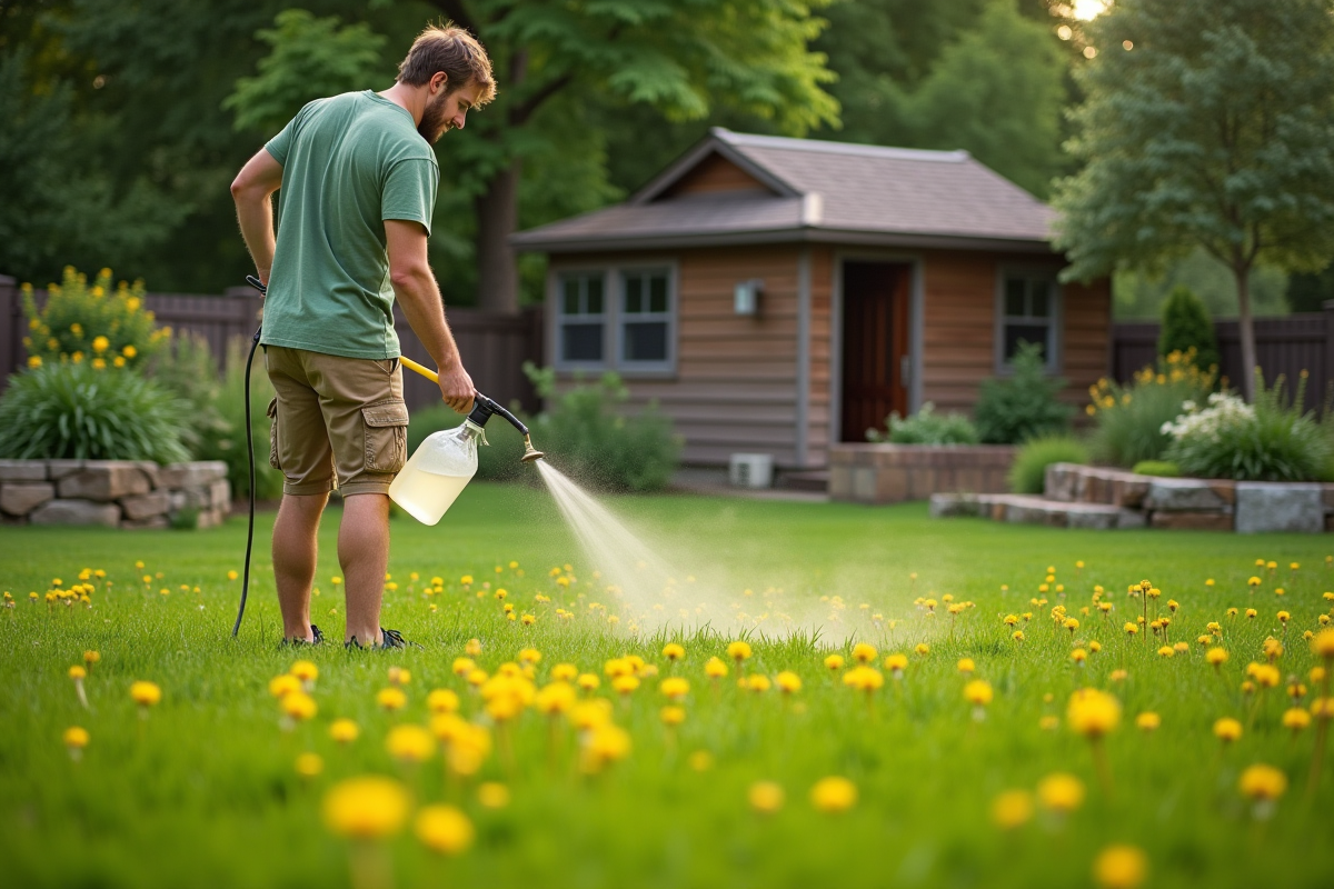 Jeune homme en tenue casual vaporisant du vinaigre sur des pissenlits dans le jardin