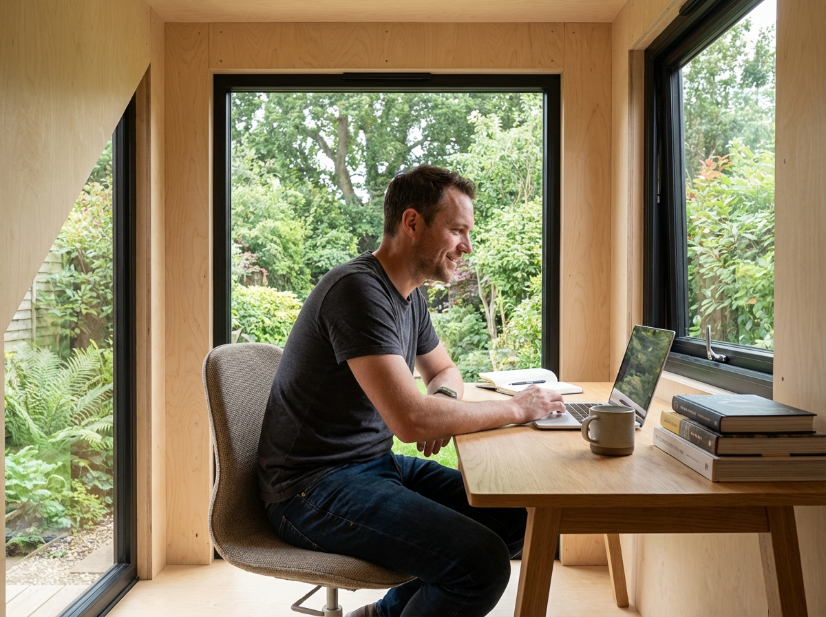 Jeune homme dans un bureau jardin intérieur avec vue sur la nature